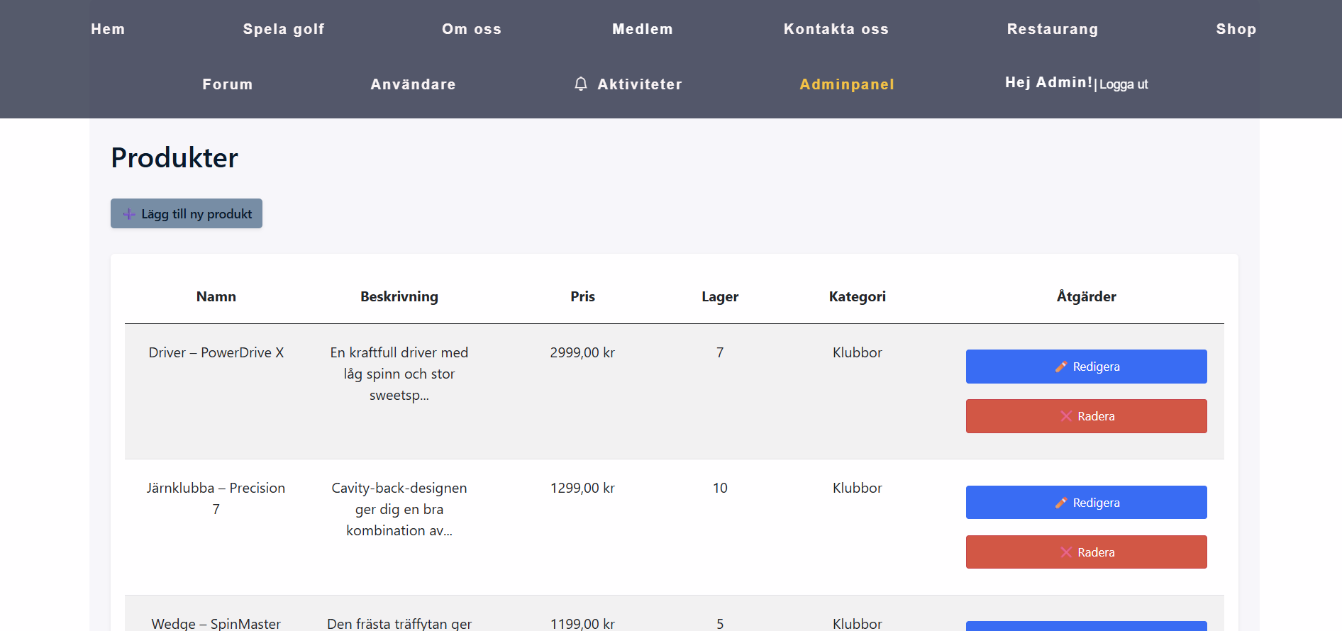 Golfklubb MVC webbapp med shop och produktsida